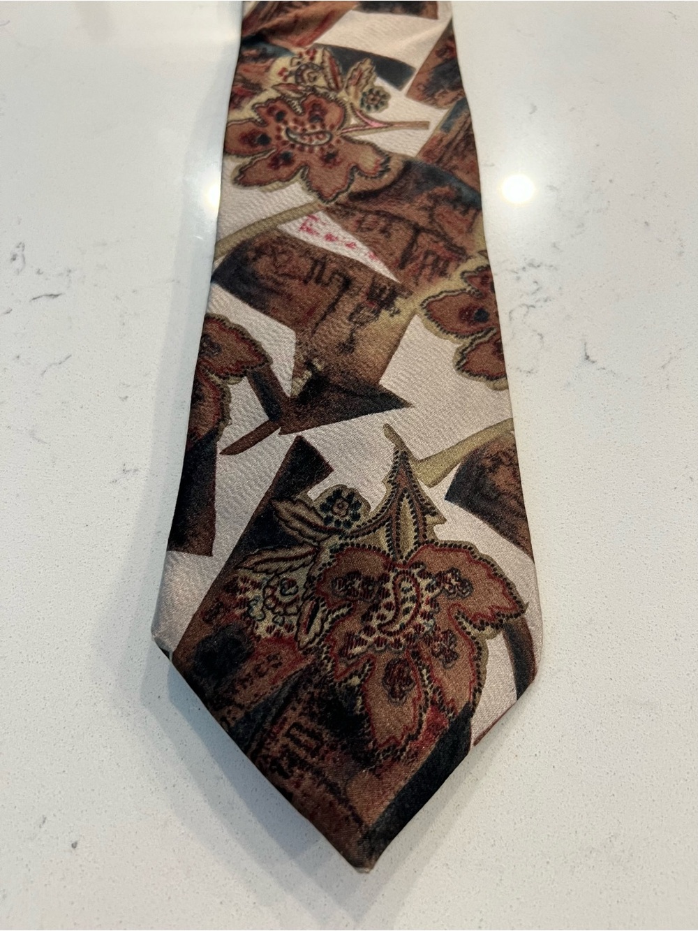 Vintage Oscar de la Renta Couture Floral Silk Tie in Creams and Browns